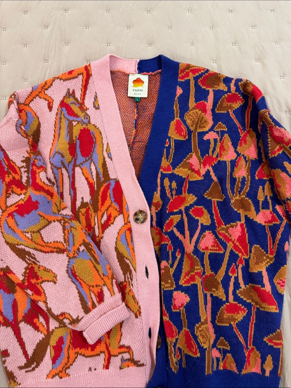 FARM Rio Colorblock Floral Intarsia Cardigan - Pink & Blue